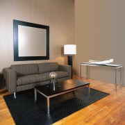 View of this living area - View of coffee table, couch, floor, flooring, furniture, hardwood, interior design, living room, product design, table, wood, wood flooring, gray