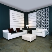 View of this furniture set-up - View of angle, ceiling, couch, floor, flooring, furniture, interior design, living room, table, wall, window, window covering, gray, black