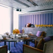 Dining area with round table and woven chairs ceiling, dining room, home, interior design, living room, real estate, room, table, wall, window, gray