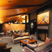 View of this lounge area - View of ceiling, interior design, living room, lobby, room, brown, black