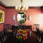 View of this dining area - View of ceiling, chandelier, decor, dining room, floral design, floristry, flower, flower arranging, home, house, interior design, light fixture, room, table, black