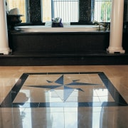 View of this modern bathroom - View of floor, flooring, furniture, hardwood, interior design, table, tile, wall, wood, wood flooring, black