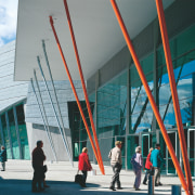 Entry to convention centre with wall of glazing, architecture, building, commercial building, convention center, corporate headquarters, facade, metropolis, metropolitan area, mixed use, sky, structure, tourist attraction, urban area