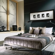 Bedroom with tones of grey and oatmeal, dark bed, bed frame, bedroom, ceiling, floor, furniture, interior design, living room, mattress, room, wall, black, gray