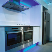 Kitchen with white cabinetry and blue lighting, twin ceiling, countertop, home appliance, interior design, kitchen, teal