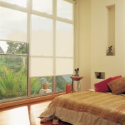 Bedroom with sunscreen blinds at windows, polished timber architecture, bed frame, bedroom, ceiling, curtain, daylighting, door, estate, floor, flooring, hardwood, home, house, interior design, laminate flooring, living room, real estate, room, shade, textile, wall, window, window blind, window covering, window treatment, wood, wood flooring, white, orange