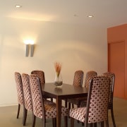 Dining room with timber table and upholstered chairs, ceiling, chair, dining room, furniture, home, interior design, light fixture, lighting, room, table, orange, brown