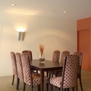Dining room with timber table and upholstered chairs, ceiling, chair, dining room, furniture, home, interior design, light fixture, lighting, room, table, orange, brown