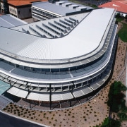 Steel roof on central building, with sun louvres architecture, building, daylighting, roof, sport venue, structure, white, black