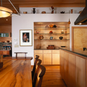 View of the kitchen and dining area, wooden cabinetry, ceiling, countertop, cuisine classique, floor, flooring, hardwood, interior design, kitchen, room, wood, wood flooring, brown