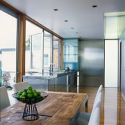 view of the dining room looking into kitchen architecture, ceiling, countertop, daylighting, glass, house, interior design, living room, real estate, table, window, gray