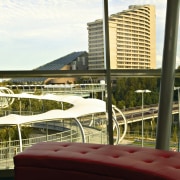 View from glazed area of foyer, with red architecture, building, condominium, mixed use, real estate, water, white, brown