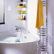 View of this bathroom - View of this bathroom, ceramic, floor, interior design, plumbing fixture, product design, room, sink, tap, tile, yellow, gray