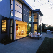 Exterior view of a house constructed of wood architecture, facade, home, house, interior design, property, real estate, window, blue