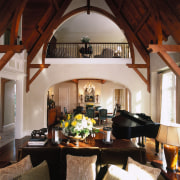 A view of a living area, wooden flooring, beam, ceiling, estate, home, interior design, living room, room, window, red