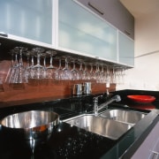 view of granite benchtop and stainless steel sink countertop, glass, interior design, kitchen, gray, black