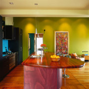 view of this colourful kitchen using maroon colours ceiling, countertop, dining room, home, interior design, kitchen, living room, real estate, room, table, brown, orange