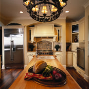 View of the kitchen from the wooden butchers cabinetry, ceiling, countertop, home, interior design, kitchen, living room, room, brown, black