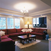 Lounge area with red sofa chairs, timber coffee ceiling, daylighting, estate, home, interior design, living room, property, real estate, room, window, gray