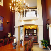 Dining room with double height ceiling, Juliet balcony, ceiling, dining room, furniture, home, interior design, living room, lobby, real estate, room, red