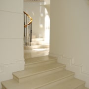 Stairway and flooring in marble or limestone with apartment, architecture, daylighting, floor, flooring, handrail, hardwood, home, house, interior design, product design, property, stairs, wall, wood, wood flooring, gray, orange