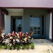 Entranceway of house with grey and plum coloured home, house, plant, property, real estate, window, black