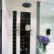 view of the stainless steel fittings and fixtures bathroom, flooring, glass, interior design, plumbing fixture, room, tile, white