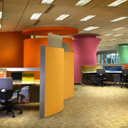 View of a office area, brown carpet, yellow ceiling, furniture, institution, interior design, office, product design, brown