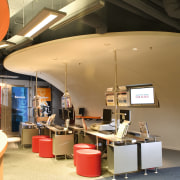 View of the showroom, glass screen, white curved ceiling, interior design, tourist attraction, brown