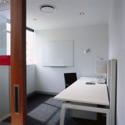 View of an office, white walls, wooden and architecture, ceiling, daylighting, floor, house, interior design, product design, room, gray