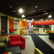 View of a seating are, white and black ceiling, interior design, lobby, black