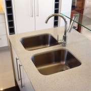 view of double stainless steel sinks that are bathroom sink, countertop, plumbing fixture, product design, sink, tap, gray