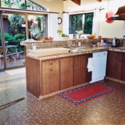 Kitchen before renovation with timber cabinetry, lino floor, countertop, floor, flooring, hardwood, kitchen, property, real estate, room, wood, gray
