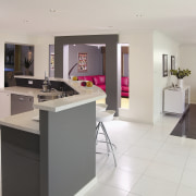 Open plan kitchen with grey cabinetry, flecked benchtop, countertop, floor, flooring, interior design, kitchen, property, real estate, room, gray