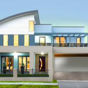 Front exterior view of multi-level house with curved building, elevation, estate, facade, home, house, official residence, property, real estate, residential area, window, gray, teal