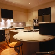 view of the custom made stone benchtop - ceiling, countertop, interior design, kitchen, lighting, room, brown, black