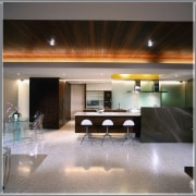 view of the kitchen dining area showing terazzo ceiling, interior design, lighting, lobby, gray, black