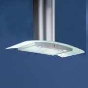 Rangehood with curved glass canopy and twin halogen ceiling fixture, daylighting, daytime, lighting, product design, sky, blue
