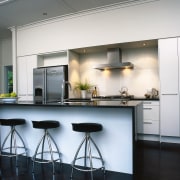 Kitchen with light coloured cabinetry and black granite cabinetry, countertop, interior design, kitchen, room, white