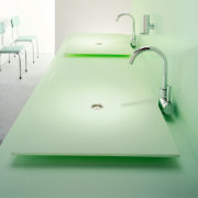 Bathroom with twin basins in green Laminex, and bathroom, bathroom sink, floor, lighting, plumbing fixture, product design, sink, tap, green, white