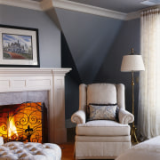 Viewv of a living area, cream carpet and bed frame, bedroom, ceiling, hearth, home, interior design, living room, room, wall, gray