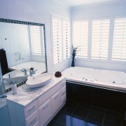 Bathroom with white wall tiles, black floor tiles bathroom, bathtub, floor, home, interior design, property, room, window, white, gray