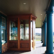 Exterior view of the netrance way, solid mahogony architecture, ceiling, column, porch, structure, window, wood, black