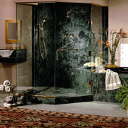 View of a bathroom, wooden flooring, large floral home, interior design, room, black, brown