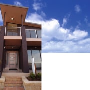 Exterior entranceway of house with brown cladding and architecture, building, elevation, facade, home, house, property, real estate, residential area, sky, blue