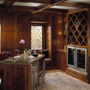 Close up view of the wine cooler, wooden cabinetry, countertop, cuisine classique, interior design, kitchen, room, window, wood, red, brown