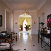 View of a hallway, white and black tiled ceiling, dining room, estate, flooring, home, interior design, living room, lobby, real estate, room, gray, brown
