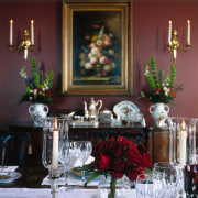 Close up view of the dining area, crochery centrepiece, christmas decoration, decor, dining room, drinkware, floral design, floristry, flower, flower arranging, flower bouquet, function hall, home, interior design, stemware, still life, table, tableware, wine glass, black