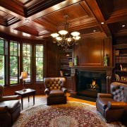 View of the living area, wooden flooring wood ceiling, estate, fireplace, home, interior design, living room, lobby, real estate, room, wood, red