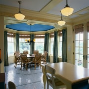 View of the dining area in this vacation ceiling, dining room, interior design, real estate, room, window, brown, gray